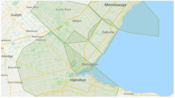 Picture shows a map of the areas that majestic tree service covers which are burlington, milton, oakville, hamilton, waterdown, and mississauga
