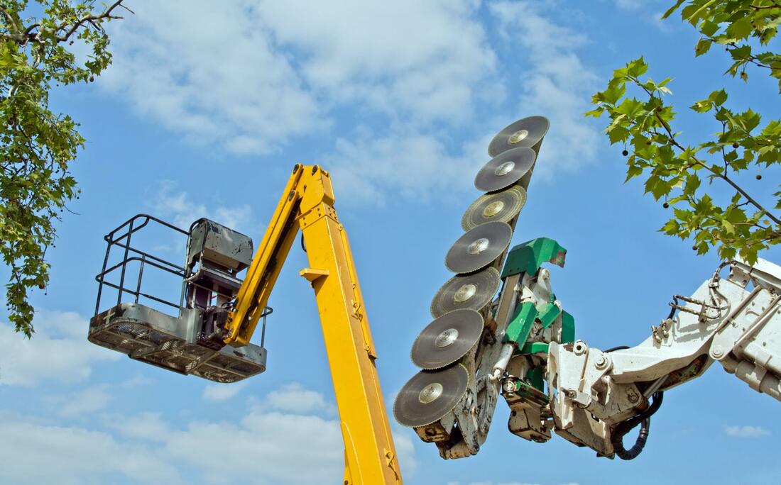 Picture shows large tree cutting equipment up in the air